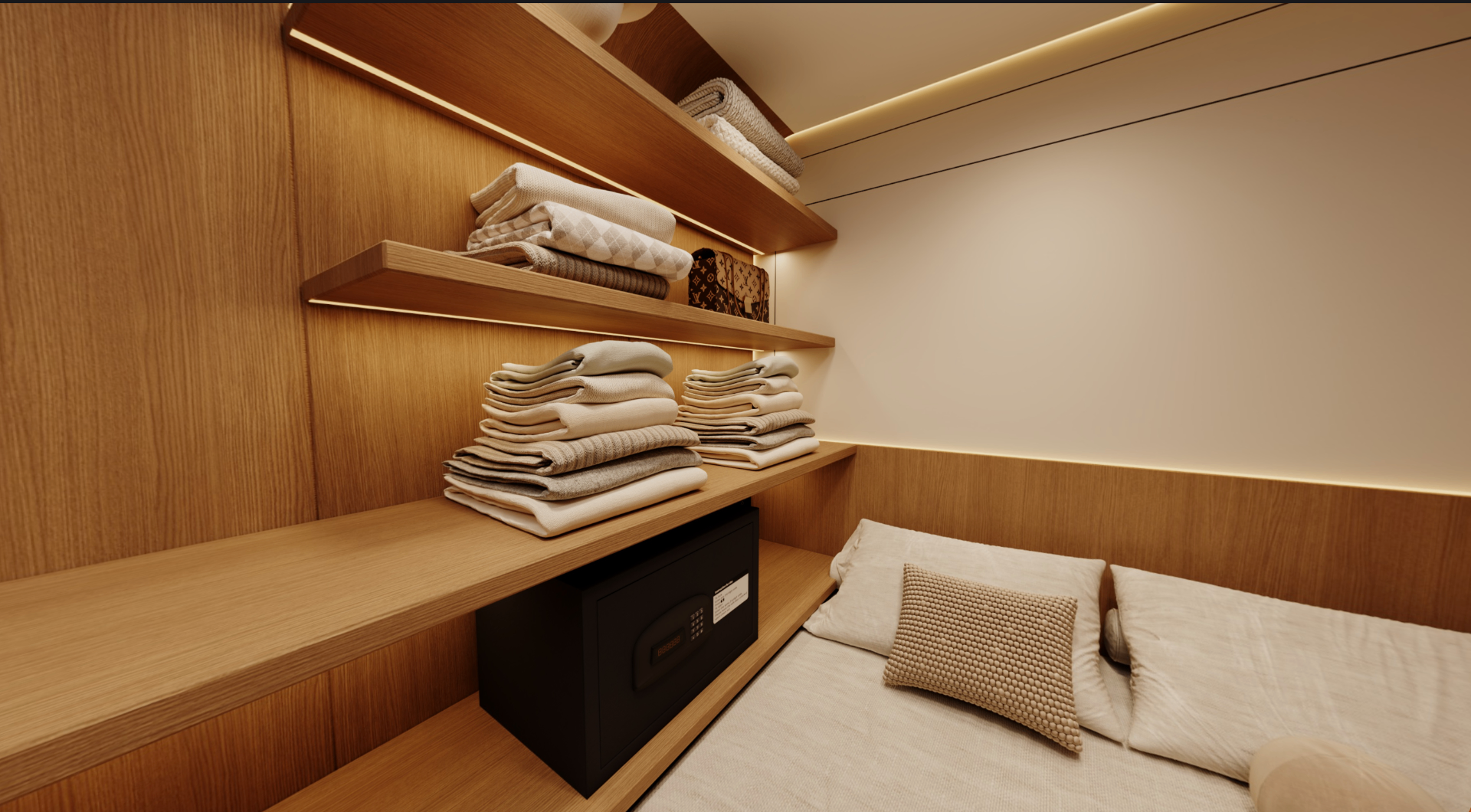 Mini-room shelving with towels, safe and ambient wood lighting