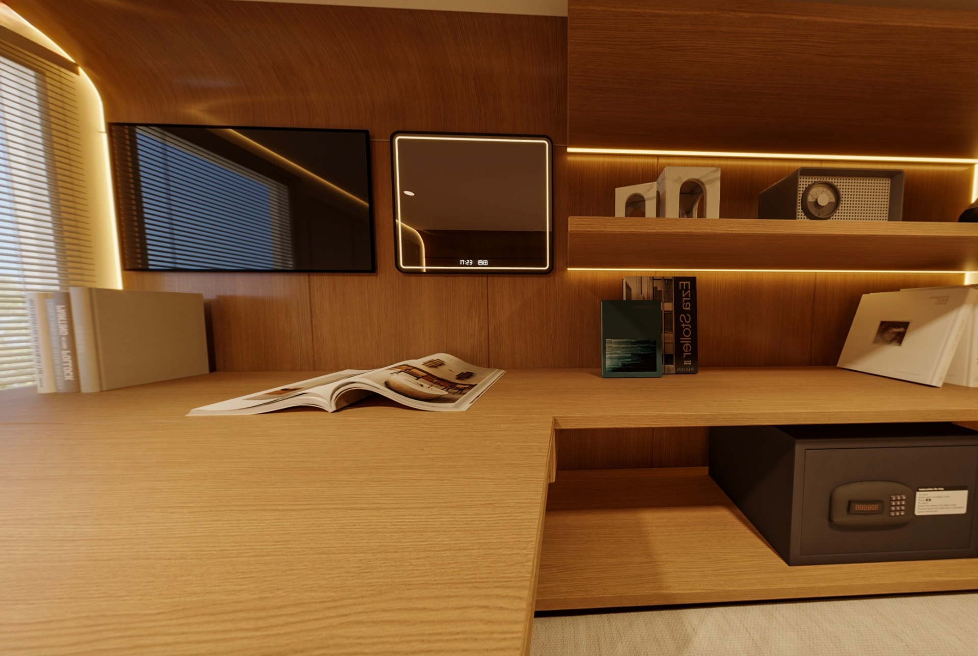 Mini-room desk with monitor, smart mirror, and in-room safe