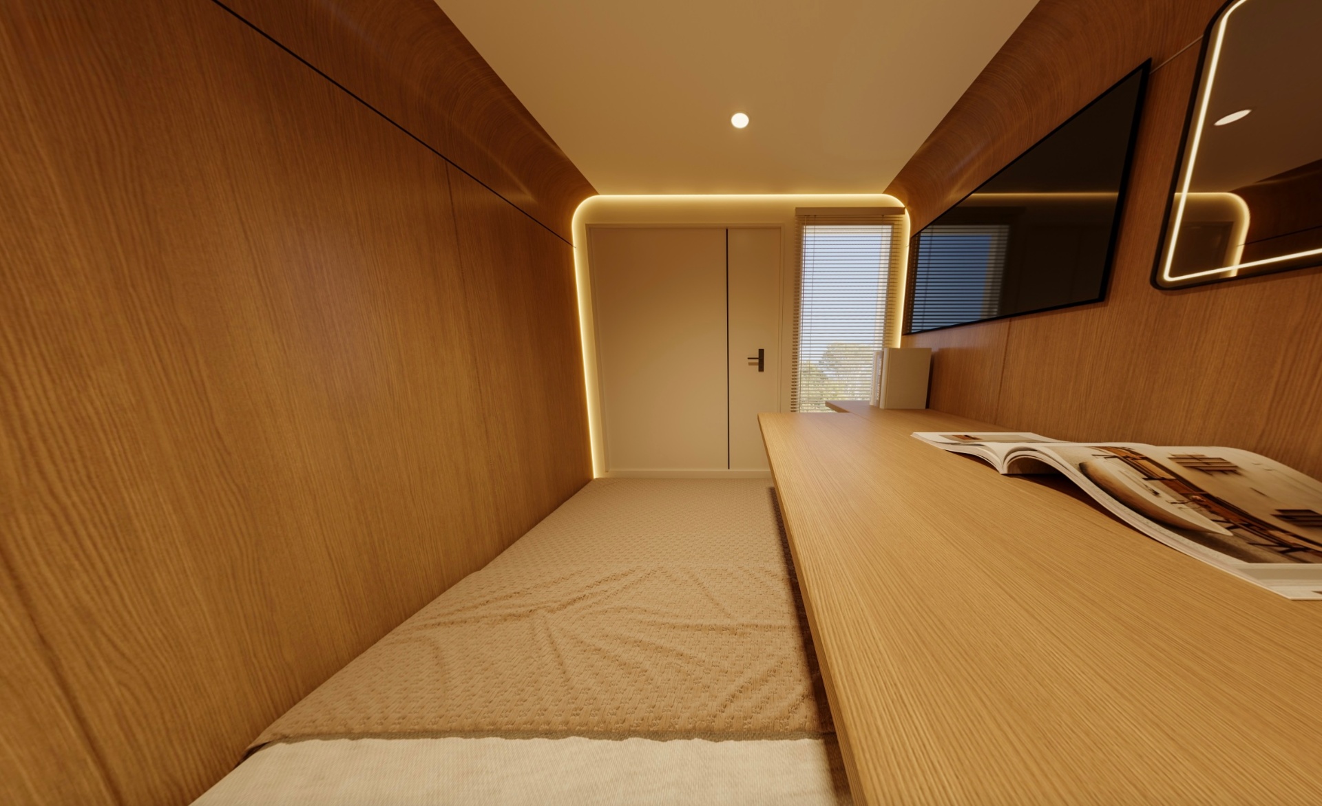 Mini-room interior — bed, blackout pod, ambient circadian lighting
